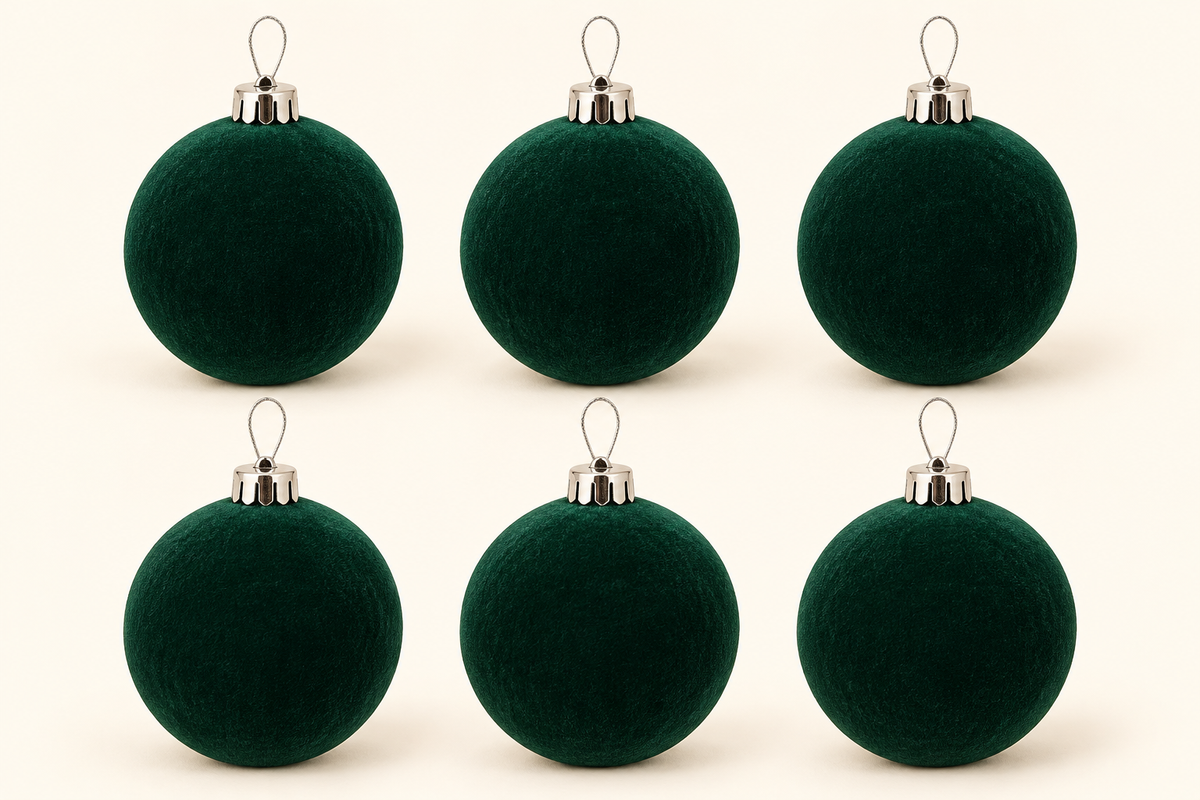 Six smaller plain evergreen velvet baubles